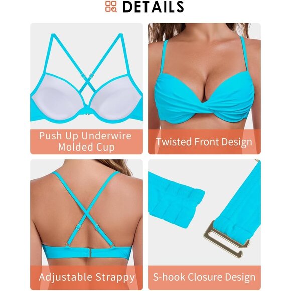 Women's Sky Blue Push Up Bikini Tops Ruched Twist Front Underwear Top Swimsuit - Picture 5 of 8
